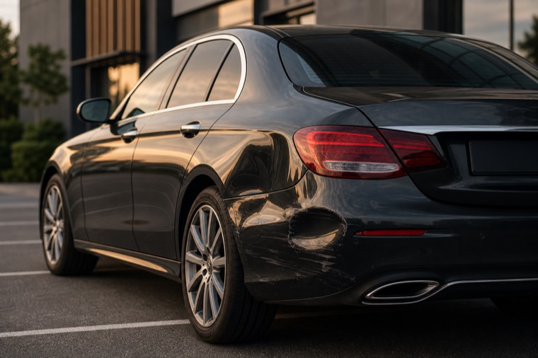 Повреждённый Mercedes-Benz E-Class после ДТП